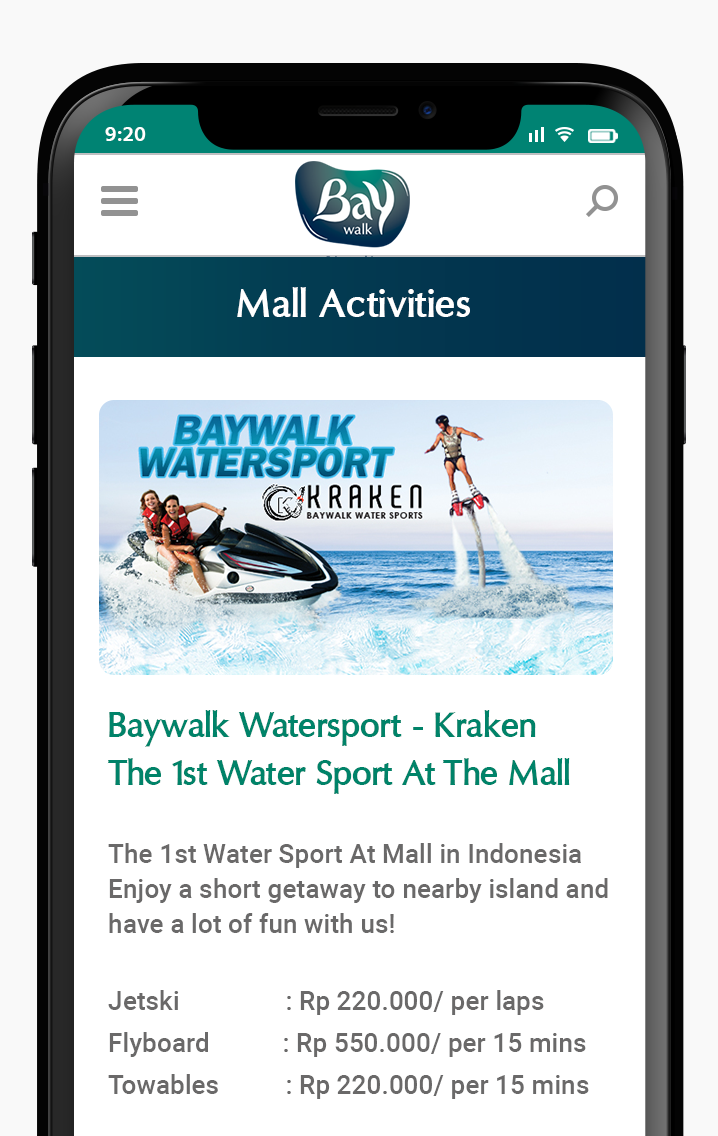 Komunigrafik ui-ux web design and development Indonesia - Project Showcase and Portfolio Responsive Mobile page Baywalk Mall Activities and events For Baywalk Mall Jakarta, Indonesia