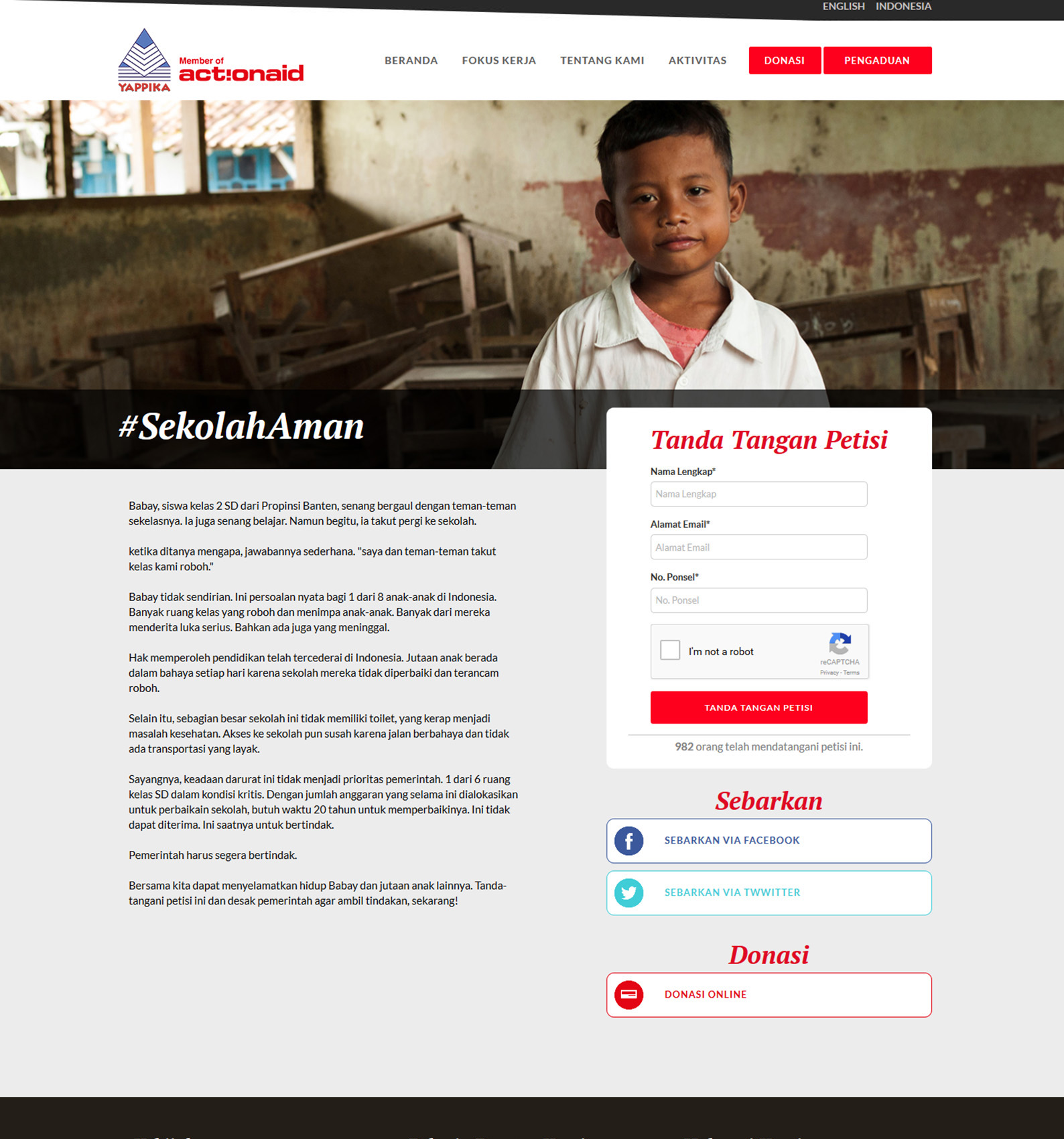 Komunigrafik project portfolio inspiration template web design and web developer, Yappika ActionAid Organization, web donation and campaign crowd funding, and charity, foundation, Jakarta Pusat, Indonesia